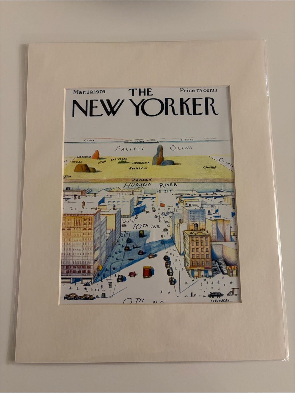 New Yorker Cover Poster View of the World from 9th Avenue - Matted and Sealed